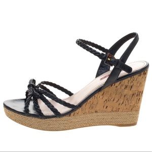 PRADA Espadrille Cork Wedge Sandals in Black Leather